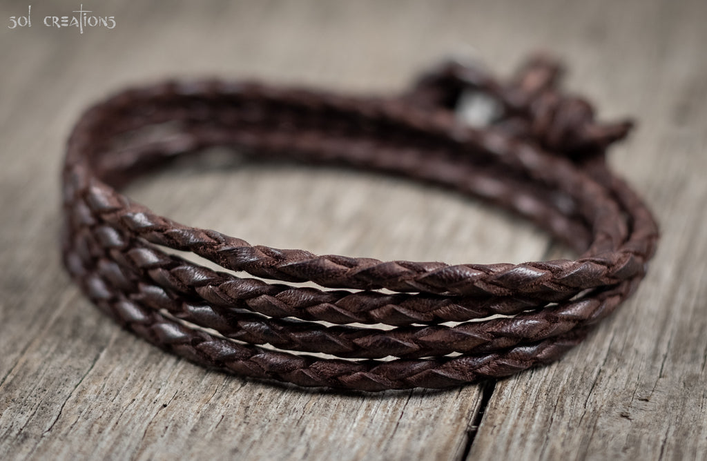 Mens Braided Leather Bolo Cord Bracelet - Antique Brown 4 Wrap – Sol  Creations