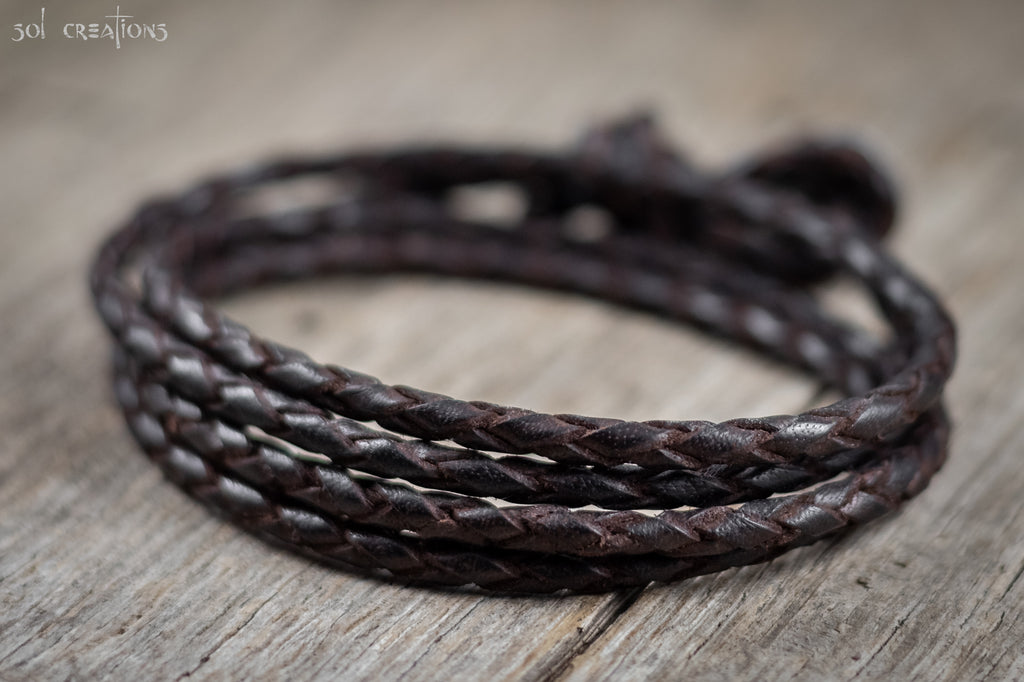 Mens Braided Leather Bolo Cord Bracelet - Antique Brown 4 Wrap – Sol  Creations