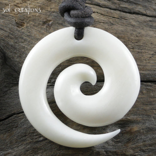 Bone Maori Koru Pendant Leather Cord Necklace