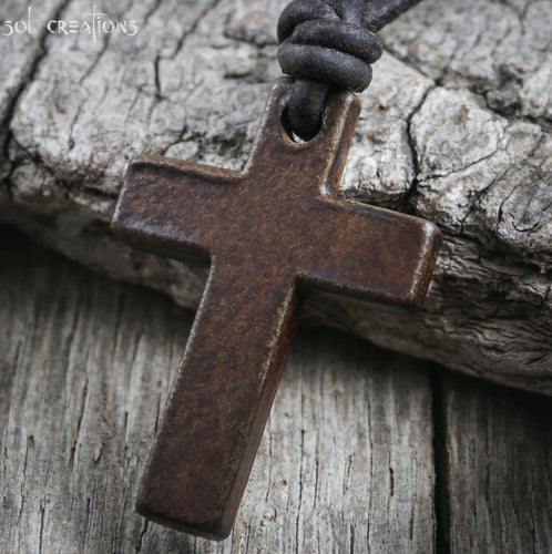 Cross Necklace for Men - Leather Cord w/ Horn Cross Pendant