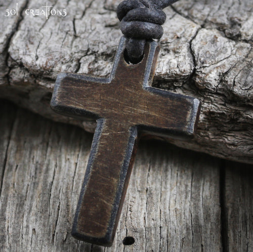 Mens Distressed Horn Cross Pendant Leather Cord Necklace