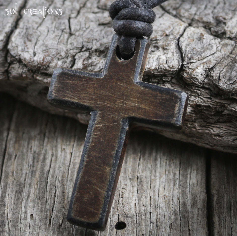 Cross Necklace for Men - Leather Cord w/ Horn Cross Pendant