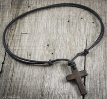 Mens Distressed Horn Cross Pendant Leather Cord Necklace