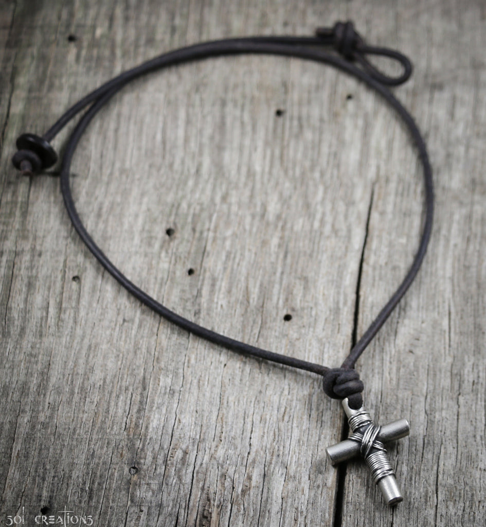 Aadi Pewter Simple Circle Cross on Leather Cord Necklace - Anju