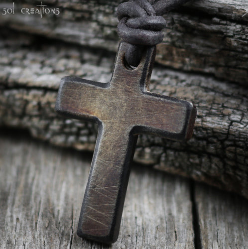 Mens Distressed Horn Cross Pendant Leather Cord Necklace