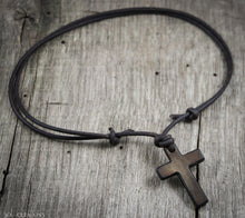 Mens Distressed Horn Cross Pendant Leather Cord Necklace