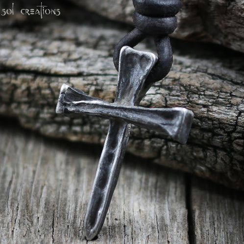 Mens Pewter Nail Cross Leather Cord Necklace