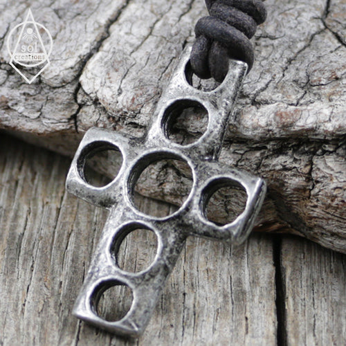 Mens Pewter Cross Leather Cord Necklace