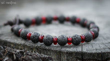 Mens Beaded Leather Mala Bracelet - Black Lava Stone, Red Horn Beads
