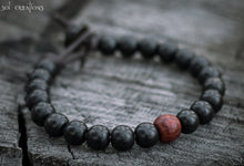 Mens Beaded Leather Mala Bracelet - Black Ebony and Red Wood Beads