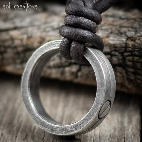 Mens Pewter Ring Leather Cord Necklace