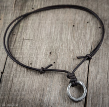 Mens Pewter Double Ring Leather Cord Necklace