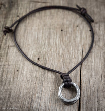 Mens Pewter Double Ring Leather Cord Necklace