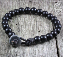 Mens Beaded Leather Mala Bracelet - Black Ebony Wood Beads