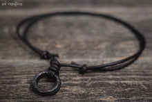 Double Black Ring Pendant Leather Cord Necklace for Men