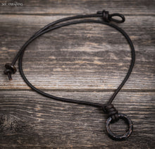 Double Black Ring Pendant Leather Cord Necklace for Men