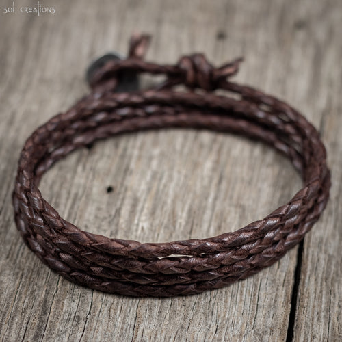 Mens Braided Leather Bolo Cord Bracelet - Antique Brown 4 Wrap