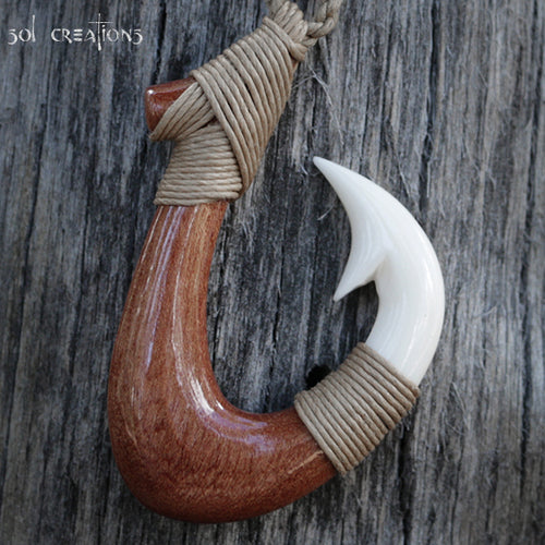 Bone & Koa Wood Maori Hook Pendant on Adjustable Necklace