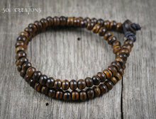 Mens Beaded Leather Mala Bracelet - Double Wrap Brown Horn Beads