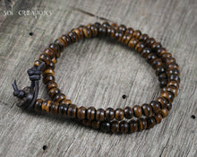 Mens Beaded Leather Mala Bracelet - Double Wrap Brown Horn Beads