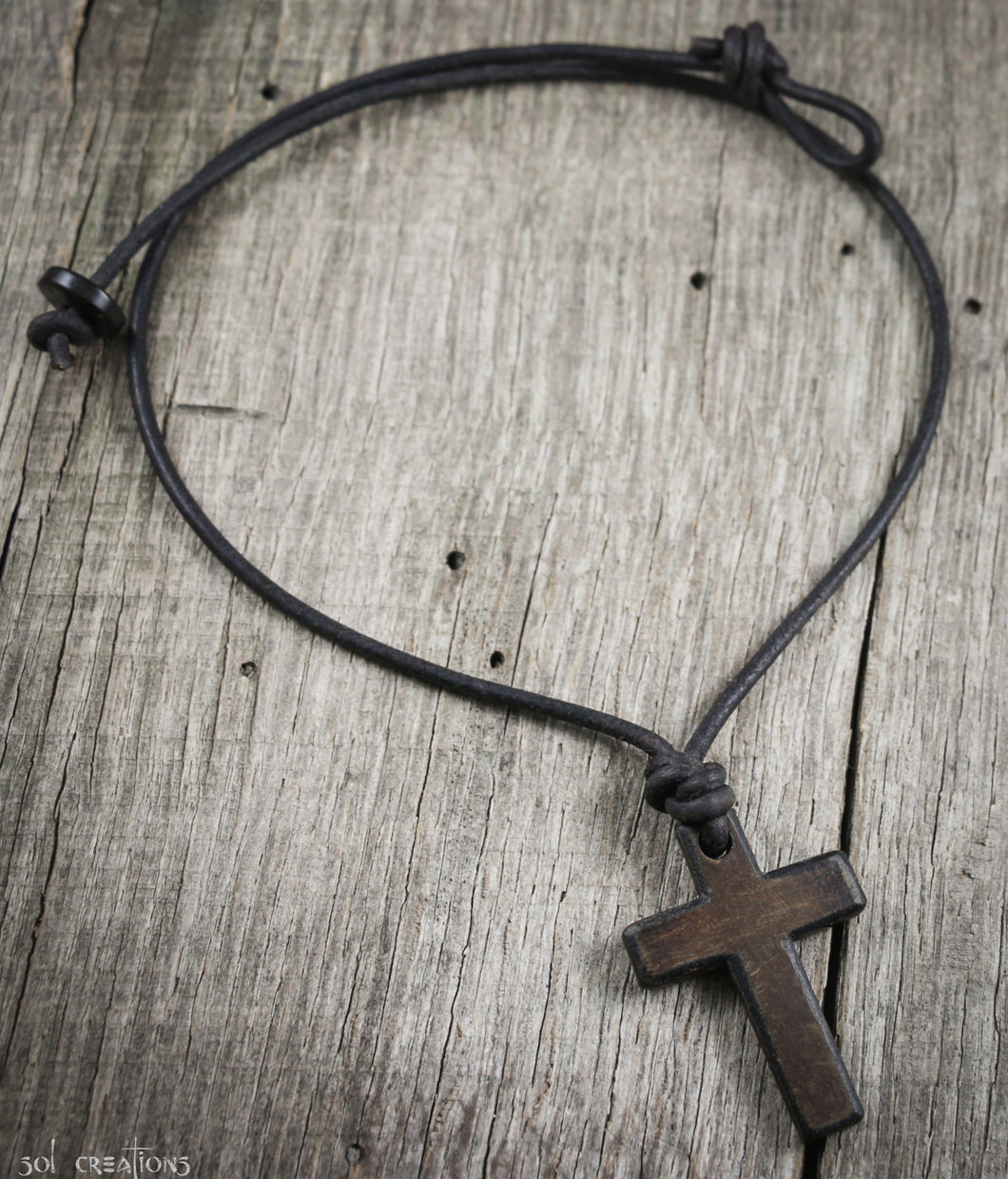 Aadi Weathered Pewter Tag and Cross Brown Leather Necklace - Anju Jewelry