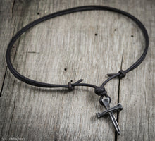 Mens Pewter Nail Cross Leather Cord Necklace