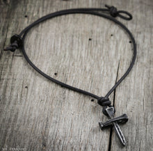 Mens Pewter Nail Cross Leather Cord Necklace