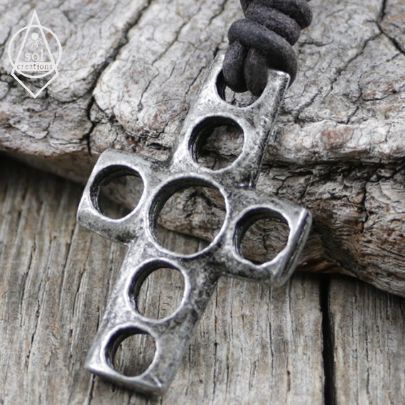 M&F - Twister Mens Silver Box Chain With Leather Cross Necklace