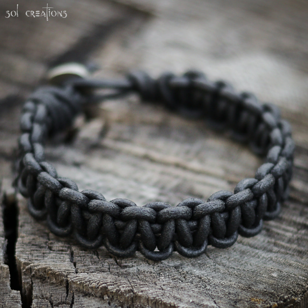 Mens Leather Bracelet - Black Knotted Leather Cuff