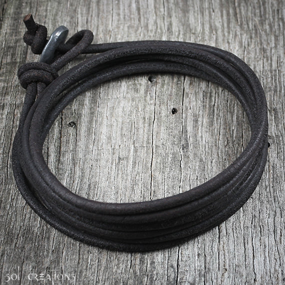 Mens Leather Bracelet - Black 6 Wrap