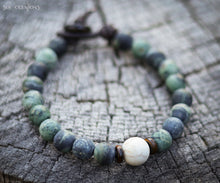 Mens Beaded Leather Mala Bracelet - Green & Blue Jasper, White Turquoise Beads