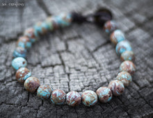 Mens Beaded Leather Mala Bracelet - Blue & Copper Crazy Lace Agate Beads