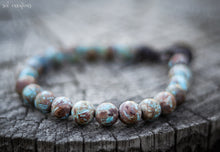 Mens Beaded Leather Mala Bracelet - Blue & Copper Crazy Lace Agate Beads