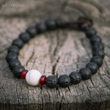 Mens Beaded Leather Mala Bracelet - Black Lava Stone, Red Horn, White Turquoise Beads