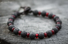 Mens Beaded Leather Mala Bracelet - Black Lava Stone, Red Horn Beads
