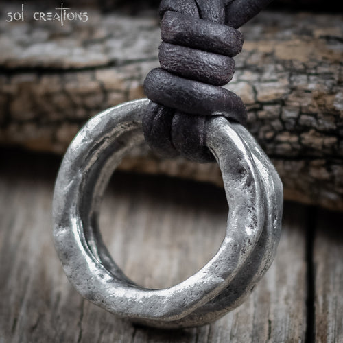 Mens Pewter Double Ring Leather Cord Necklace