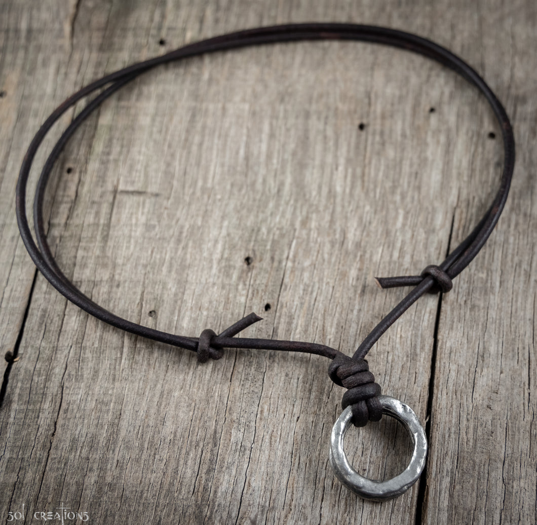 Mens Pewter Double Ring Leather Cord Necklace – Sol Creations