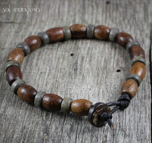 Mens Beaded Leather Bracelet - Brown and Grey Wood Beads