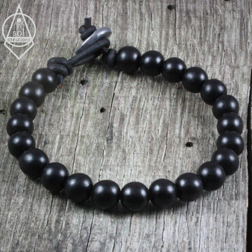 Mens Beaded Leather Mala Bracelet - Black Ebony Wood Beads