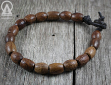 Mens Beaded Leather Bracelet - Brown Wood Barrel Beads